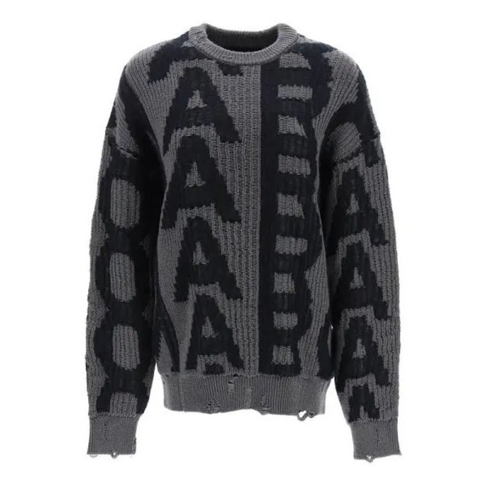 Marc Jacobs The Monogram Distressed Sweater Mens Grey Black Wool Knit Large